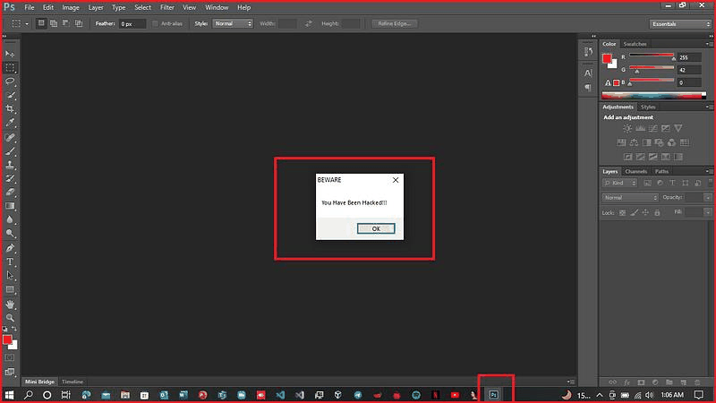 Backdoored Photoshop displaying a message box on launch
