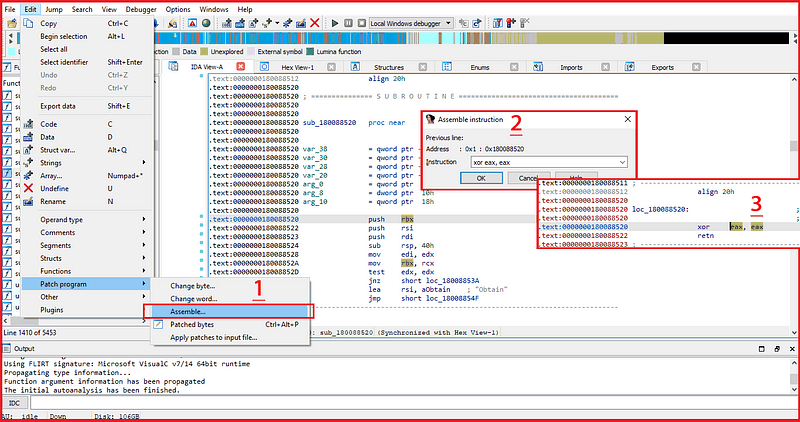 Patching the second function in IDA