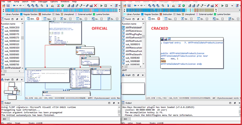 Side-by-side comparison of the first changed function