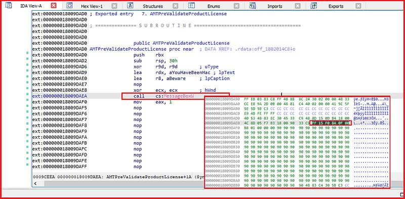 Patched instruction calling the Windows API import