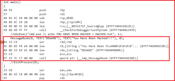 Opcodes generated by the Visual Studio debugger