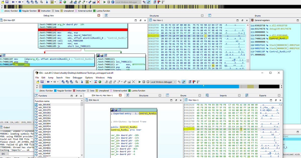 call eax resolving to the Control_RunDLL export in the rebased X.dll