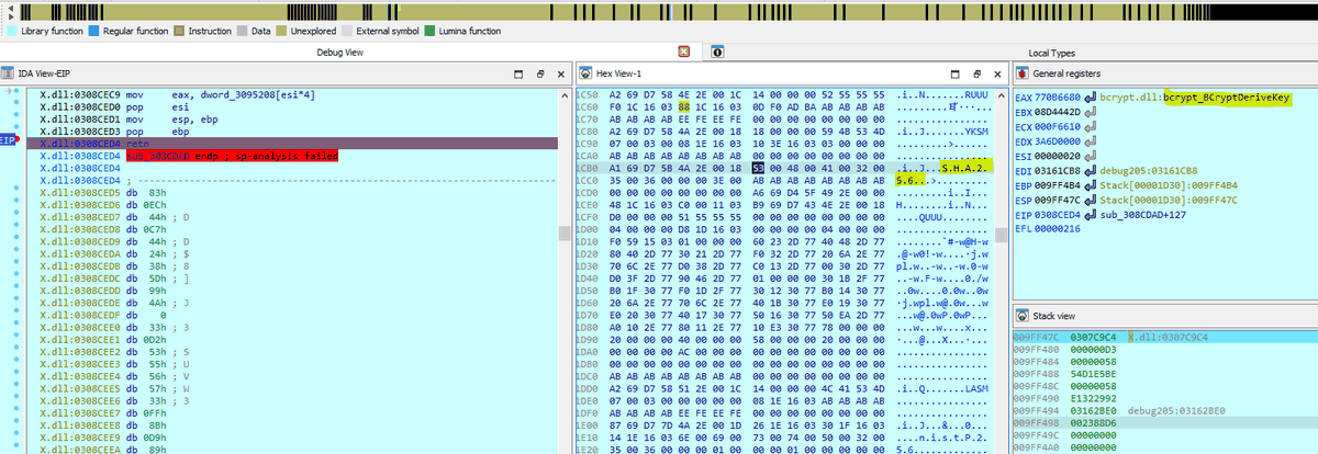 BCryptSecretAgreement deriving the shared secret with the embedded C2 public key