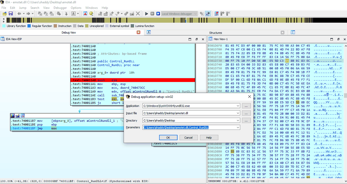 Emotet DllMain decrypting the embedded X.dll from a bitmap resource