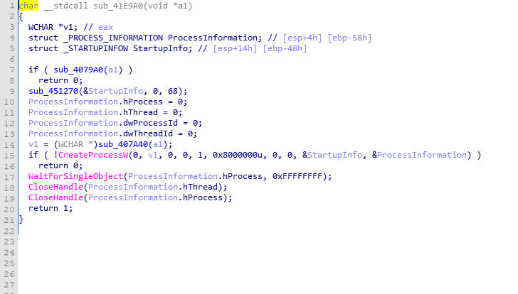 The CreateProcessW subroutine spawning recovery-deletion commands