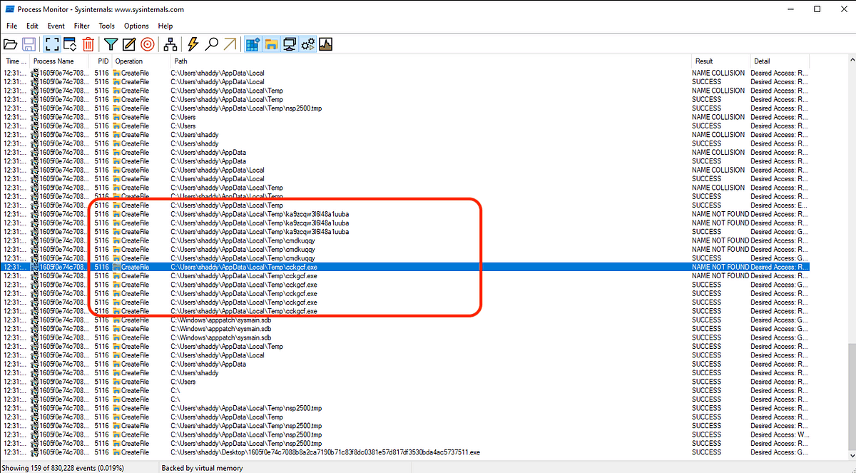 Procmon log showing files extracted to the temp folder