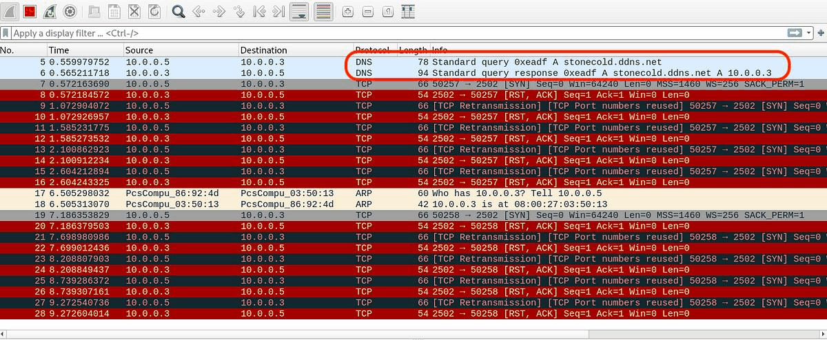 Wireshark capture showing the C2 DNS query and TCP traffic