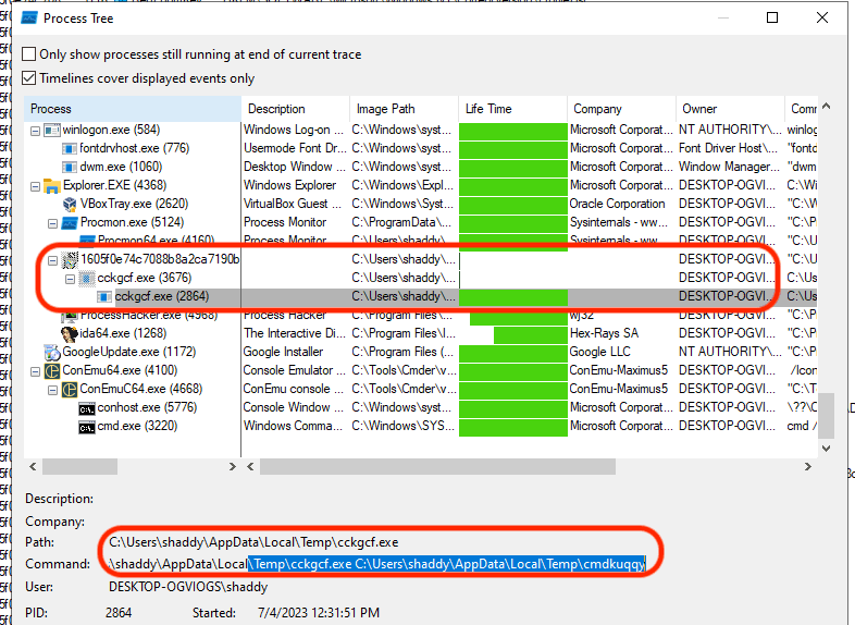 Process tree showing stage 2 launched from the temp folder