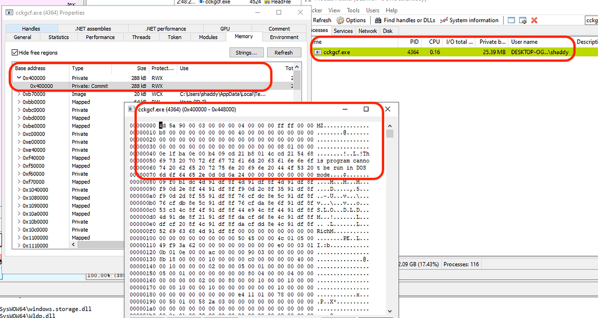 RWX memory region in Process Hacker matching the injected bytes