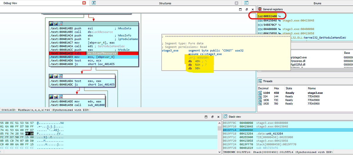 SizeofResource returning the shellcode length in EAX