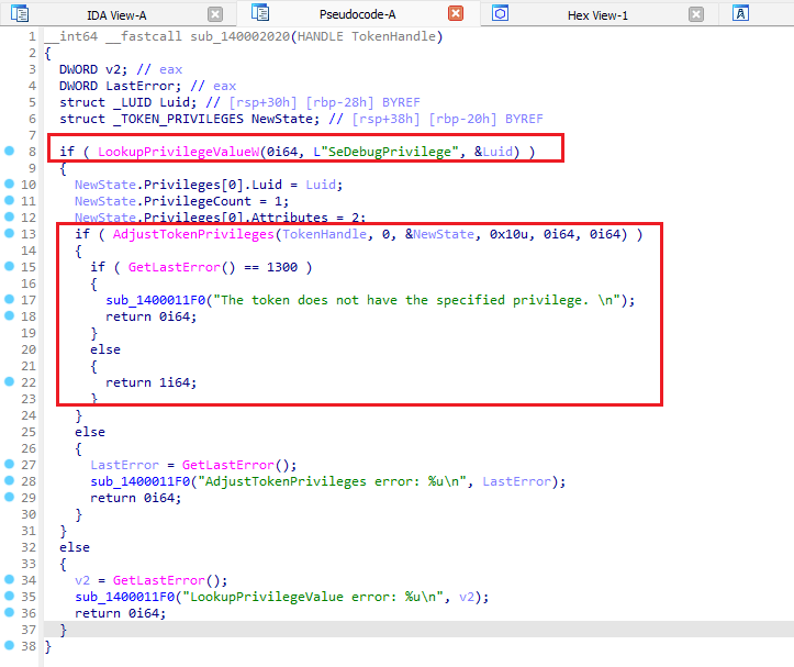 Adjusting token privileges for SeDebugPrivilege