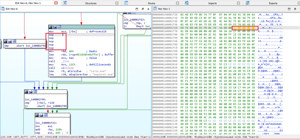 Injection call patched to NOP instructions