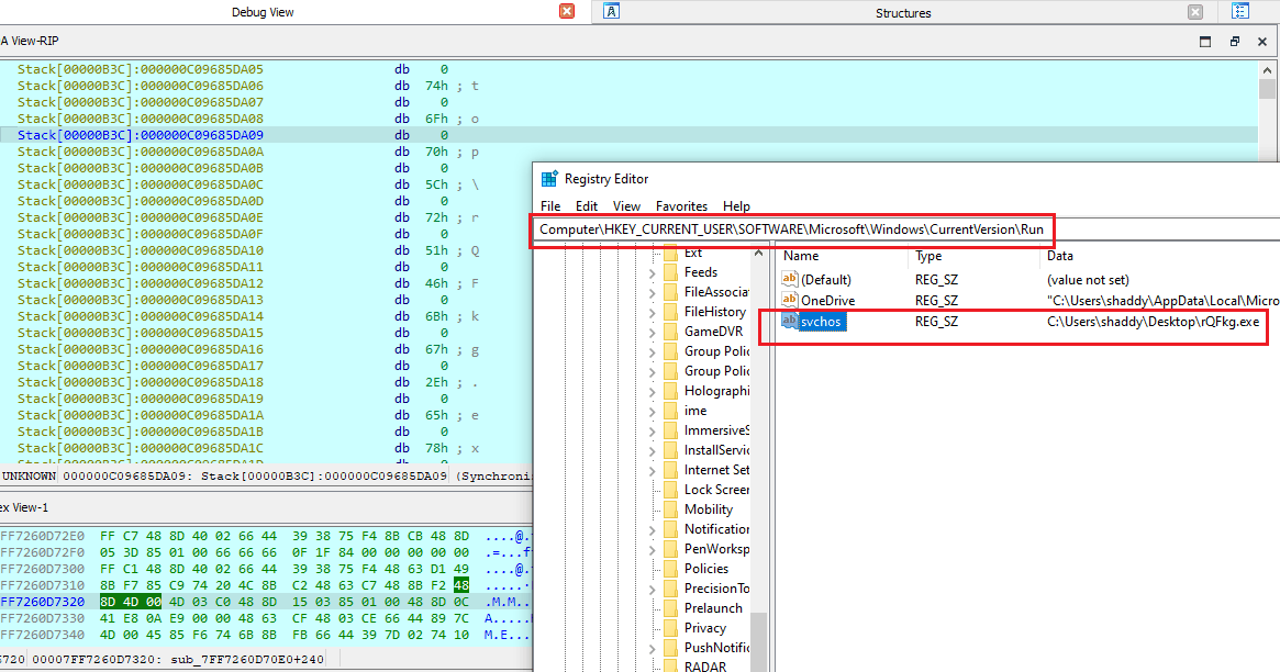 Run registry key showing the svchos persistence value